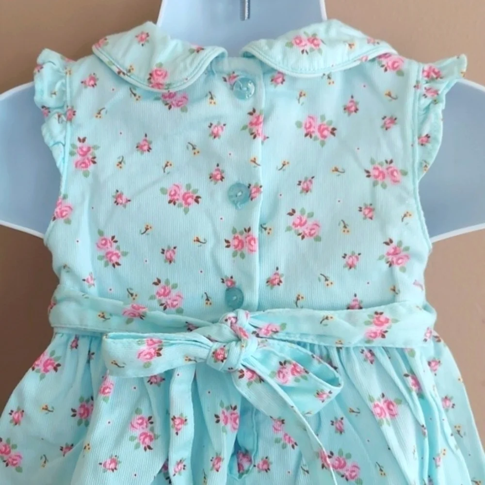 Laura Ashley Turquoise Blue Floral Smocked Tieback Dress with bloomers- sz 9 mos